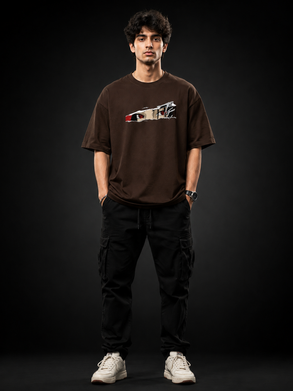 Anime Eyes Oversized Unisex T-Shirt – Premium Cotton Graphic Tee | Brown