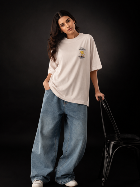 Stay Thristy Premium Oversized Cotton T-Shirt Beige