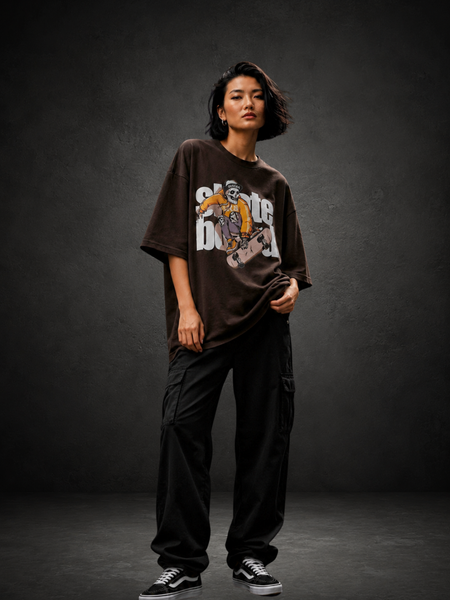 Skate Board Premium Oversized Cotton T-Shirt Coffee Brown