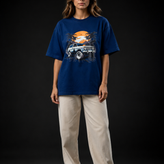 Retro Synthwave Premium Oversized Cotton T-Shirt  Denim Blue
