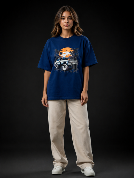 Retro Synthwave Premium Oversized Cotton T-Shirt  Denim Blue