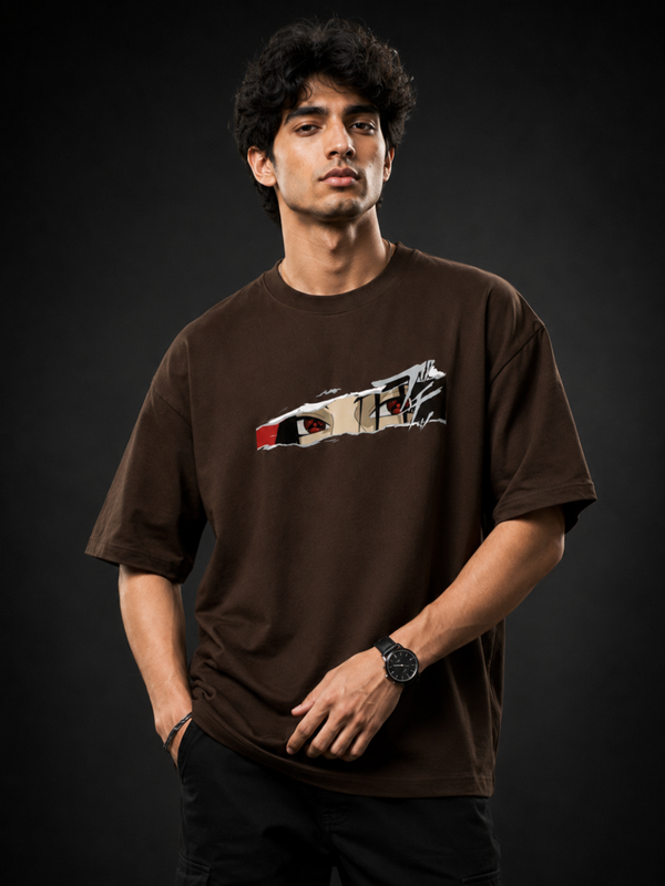 Anime Eyes Oversized Unisex T-Shirt – Premium Cotton Graphic Tee | Brown