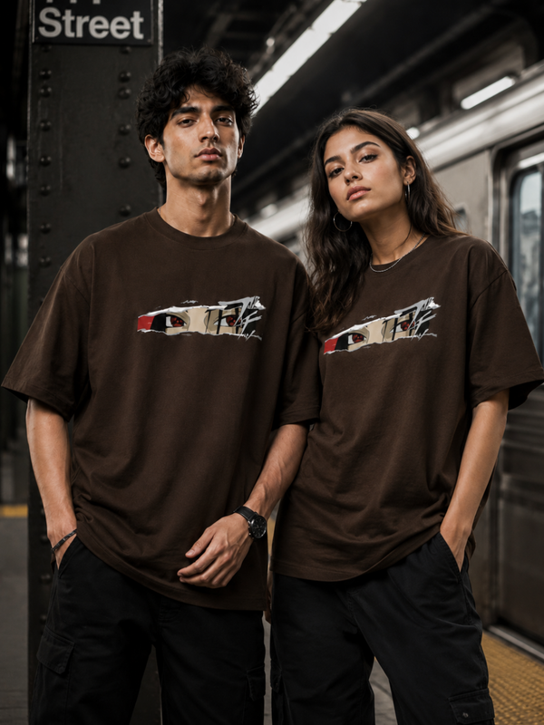 Anime Eyes Oversized Unisex T-Shirt – Premium Cotton Graphic Tee | Brown