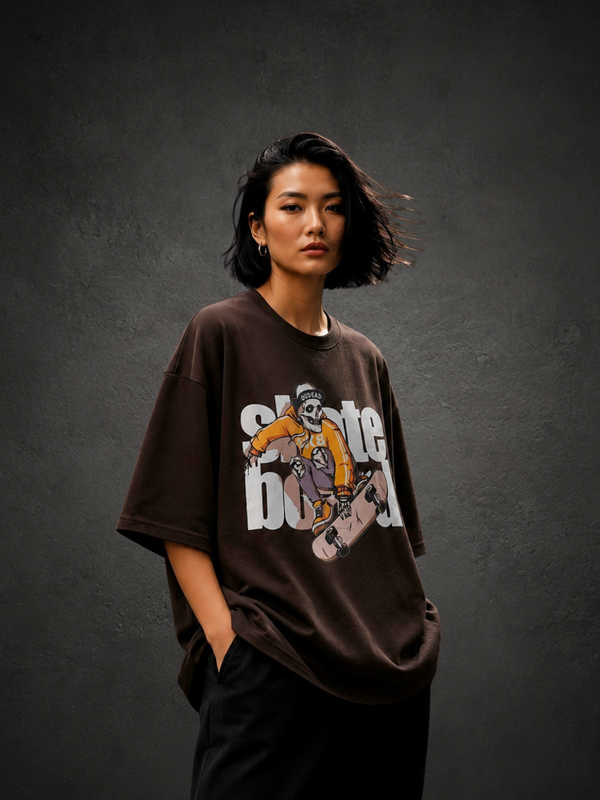 Skate Board Premium Oversized Cotton T-Shirt Coffee Brown