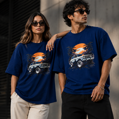 Retro Synthwave Premium Oversized Cotton T-Shirt  Denim Blue