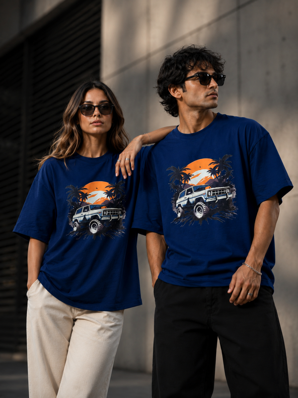 Retro Synthwave Premium Oversized Cotton T-Shirt  Denim Blue