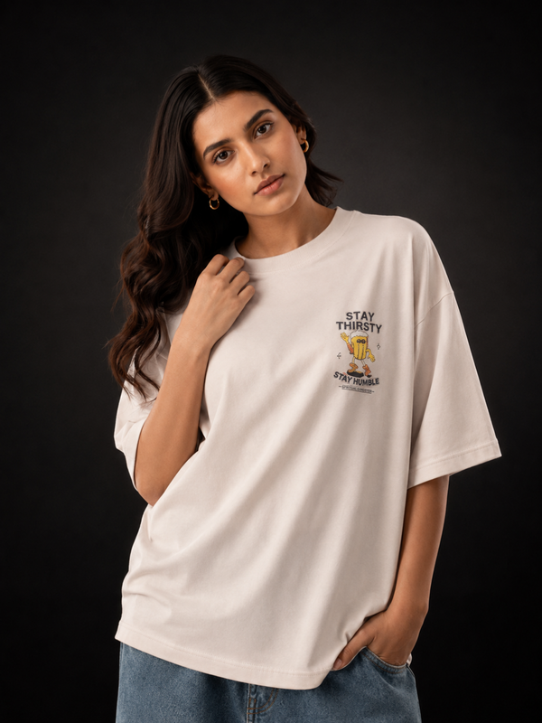 Stay Thristy Premium Oversized Cotton T-Shirt Beige