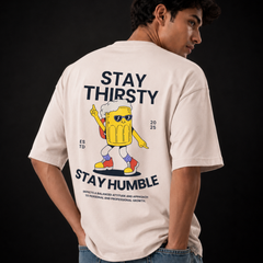 Stay Thristy Premium Oversized Cotton T-Shirt Beige