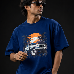 Retro Synthwave Premium Oversized Cotton T-Shirt  Denim Blue