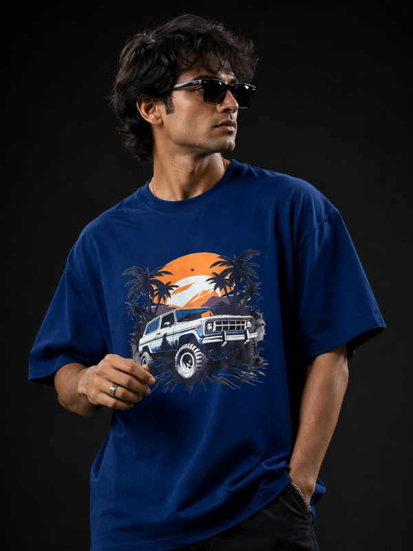 Retro Synthwave Premium Oversized Cotton T-Shirt  Denim Blue