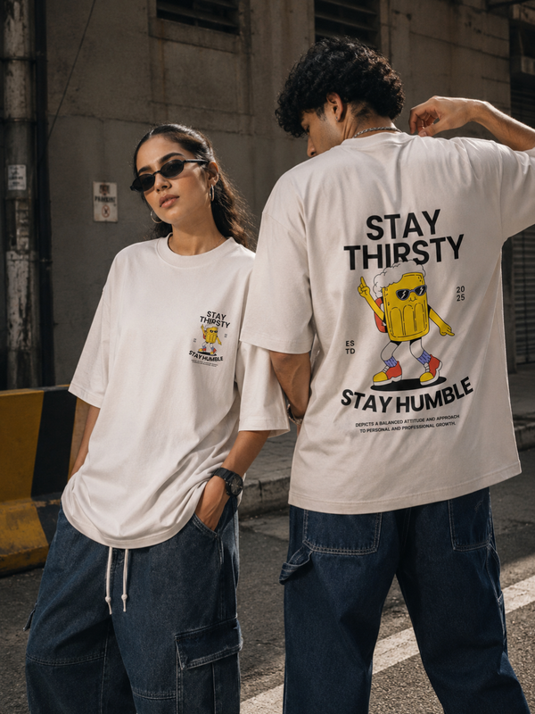 Stay Thristy Premium Oversized Cotton T-Shirt Beige