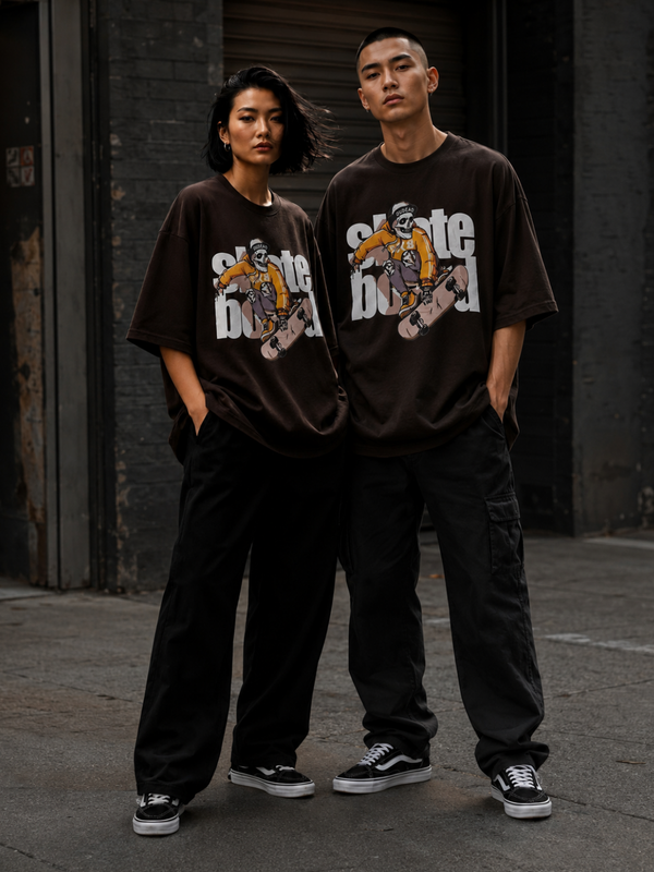 Skate Board Premium Oversized Cotton T-Shirt Coffee Brown